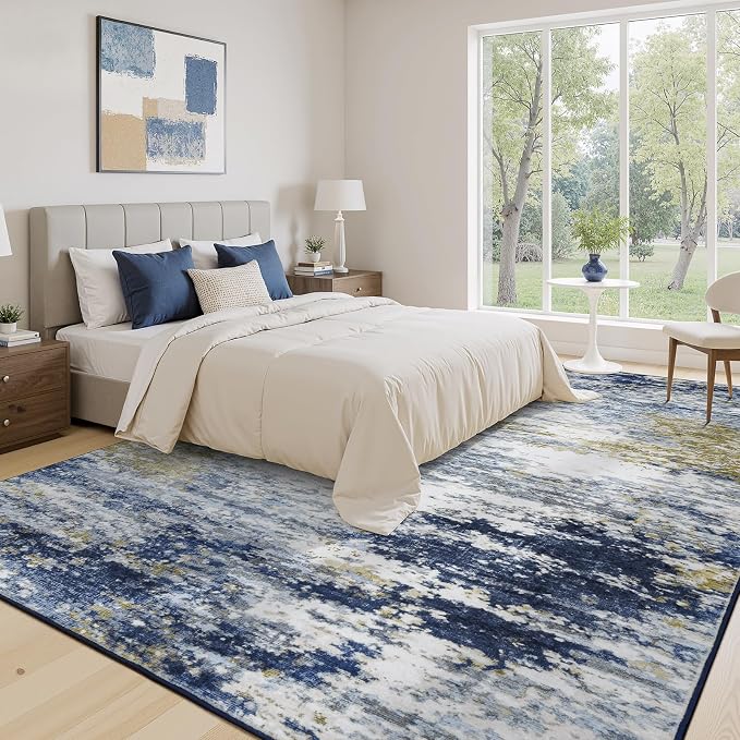 Lofus 5x7 Area Rug for Living Room, Abstract Rugs with Non-Slip Backing, Neutral Modern Washable Carpet for Bedroom Dining Room Home Office Nursery Indoor, Dark Blue/Brown