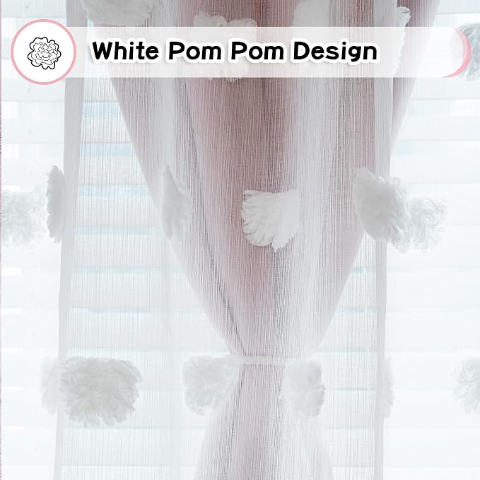MYSKY HOME Pink Curtains for Living Room White Sheer Pom Pom Kids Bedroom Decor Drapes Double Layer Blackout Curtain for Sliding Door Back Tab Window Panels Set of 2, Blush Pink, 52" x 102"