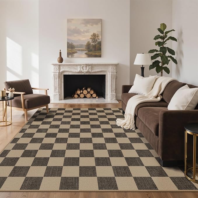 GENIMO Indoor Outdoor Area Rug 8'x10', Checkered Easy Jute Rug Machine Washable, Easy-Cleaning, Non Slip Plaid Outdoor Carpet for Patio, Living Room, Backyard, Porch, Deck, Balcony