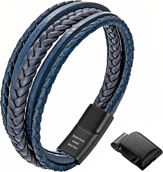 murtoo Mens Leather Bracelet with Clasp Cowhide Multi-Layer Braided Leather Mens Bracelet