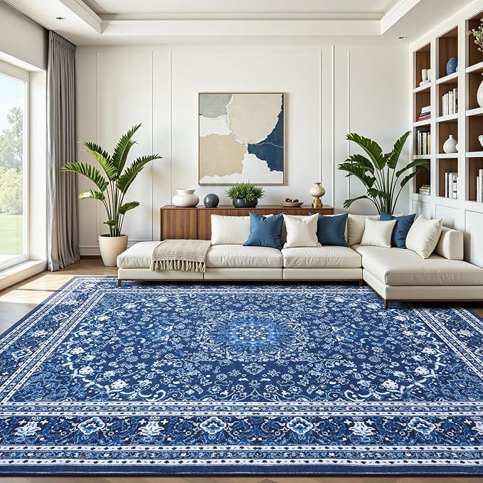 Lofus 9x12 Area Rugs for Living Room, Machine Washable Non-Slip Area Rug, Low Pile Large Rugs for Bedroom, Kitchen, Dining Room, Home Office, Vintage Oriental Print Rug, Dark Blue with White