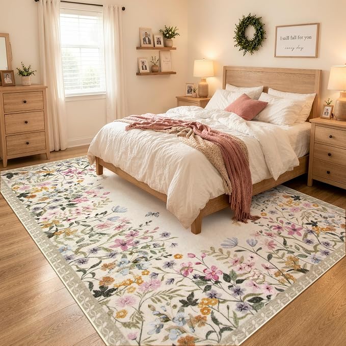 Wonnitar 8x10 Washable Area Rug, Beige Floral Rug for Living Room, Boho Large Non Slip Bedroom Carpet, Low Pile Soft Nursery Rug, Farmhouse Dining Room Decor (8x10 Beige)