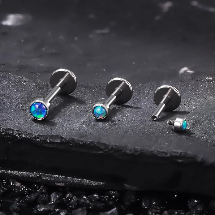 Ruifan Titanium Flat Back Lip Rings Externally Threaded Earrings Studs Nose Rings 20G 18G 16G Jeweled Round Opal Tragus Cartilage Lobe Rook Helix Conch Labret Medusa Piercing Jewelry for Women Men