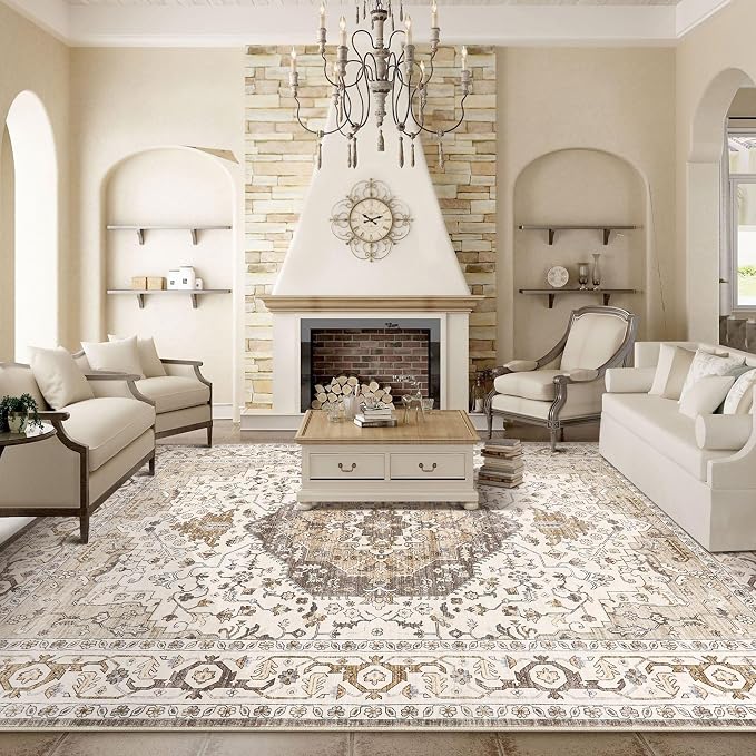 12x15 Area Rugs for Living Room - Large Carpet Ultra Thin Soft Washable Oriental Vintage Floral Distressed Big Indoor Carpets for Bedroom Nursery Dorm Home Decor Aesthetic - Camel/Beige