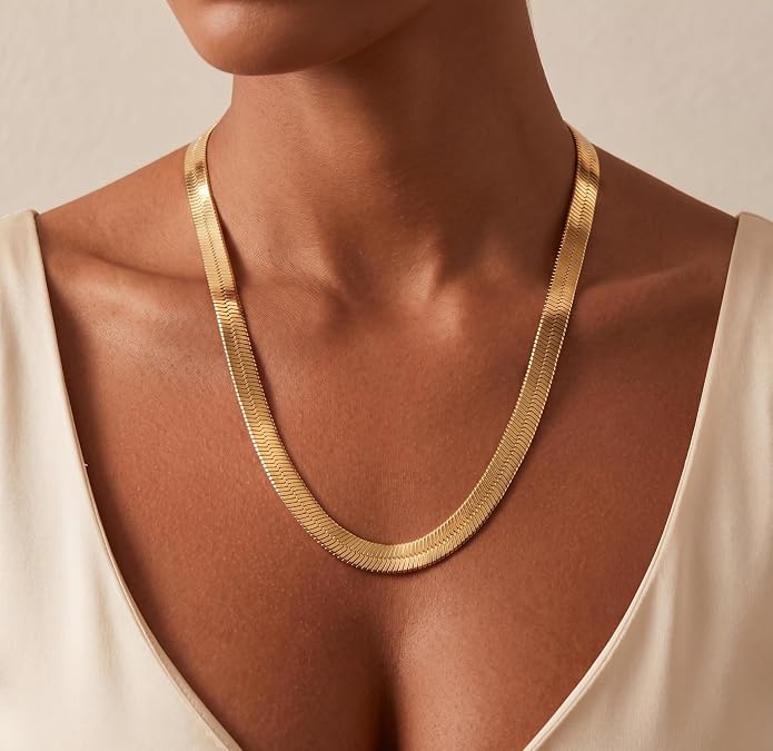 WomenGifts 14K Gold Silver Plated Herringbone Necklace for Women, Dainty Snake Chain Choker, Trendy Simple Long Layered Jewelry Non Tarnish, 3/4/5/8mm,14,16,18,20,22,24,26 Inch Thin & Chunky Options