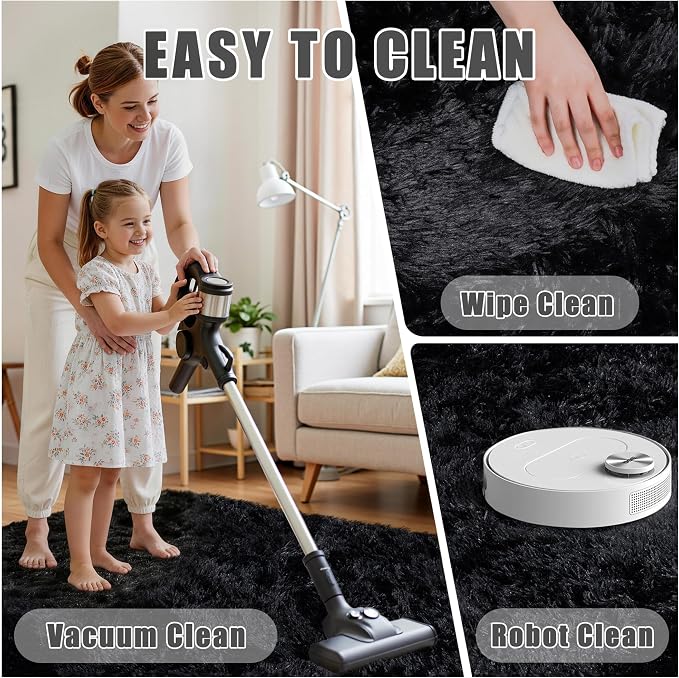 9x12 Area Rug for Living Room:Ultra Soft Fluffy Shag Black Rugs,Large Fuzzy Plush Indoor Non Slip Carpet Washable Rug for Bedroom Kids Nursery Office Dorm Modern Decor(Black 8'x10')
