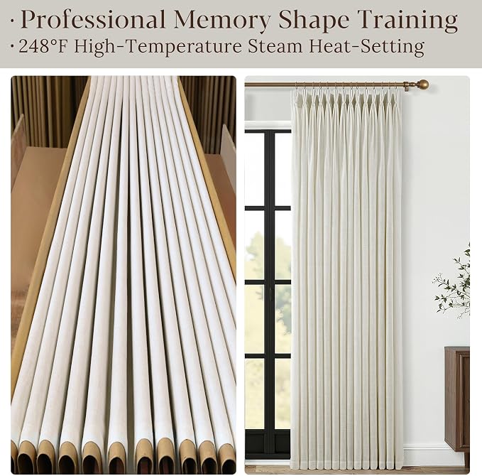 Beige Pleated Linen Curtains 102 Inch Length 2 Panels Set Semi Sheer Light Filtering Light Tan Window Drapes for Living Room Modern Viral Pinch Pleated Curtains 102 Inches with Hooks Rings Clips