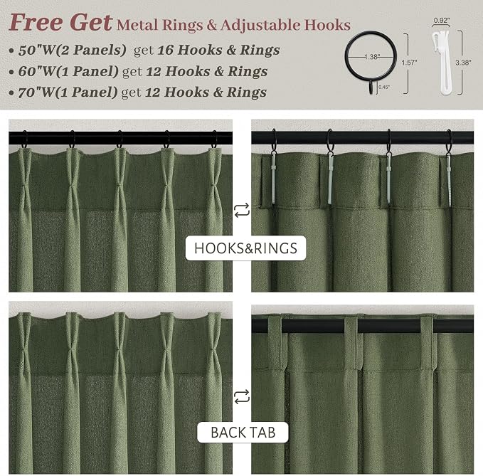 Custom 102 Inch Loden Pinch Pleated Curtains for Office Panels of 2, Memory Shape Natural Linen Semi Sheer Windows Curtain Light Filtering Privacy Protect Decorative Drapes with Hooks Rings W50 xL102