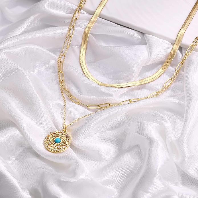 Turandoss Dainty Layered Choker Necklace, Handmade Y Pendant Necklace Multilayer Bar Disc Necklace Adjustable Layering Choker Necklaces for Women