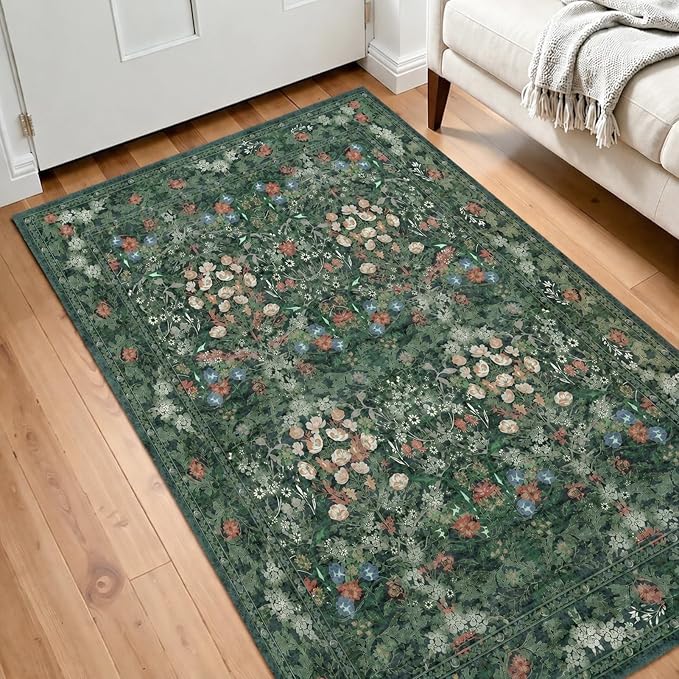 Green Boho Floral 3x5 Rugs for Large Entryway, Farmhouse Botanical Washable Area Rug for Dorm, Bedroom Bedside, Foyer, Kitchen, Laundry - Cottagecore Distressed Carpet, Low Pile Non Slip Mat