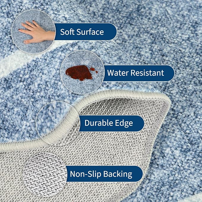 GarveeHome Scalloped Washable Round Rugs, Non-Slip Soft Round Rug 4ft Ultra-Thin, Small Boho Circle Stain Resistant Low Pile Carpet for Entryway Kitchen Bedroom Nursery Bathroom, Blue