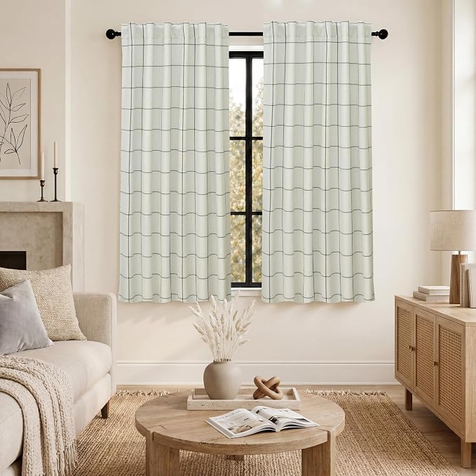 DriftAway 100% Blackout Windowpane Plaid Linen Curtains 54 Inches Black | Double Layer Farmhouse Drapes for Living Room Bedroom Yarn Dyed Woven Thermal Insulated Rod Pocket Back Tab 2 Panels