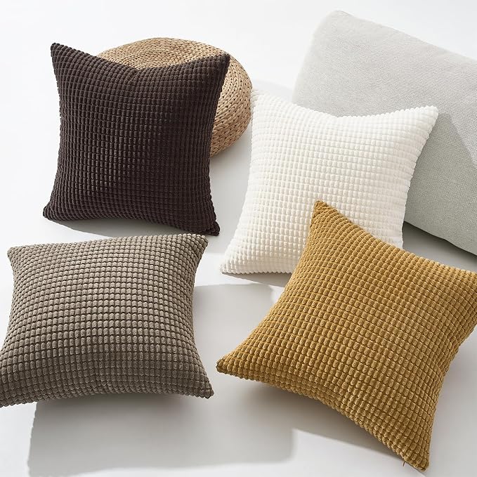 Topfinel Pack of 4 Gold Brown Throw Pillow Covers 18x18 Inch for Living Room Couch Bed, Boho Farmhouse Home Decor Cushion Cases,Soft Corduroy Accent Square Cushion Covers 45x45 cm(Yellow,Brown)