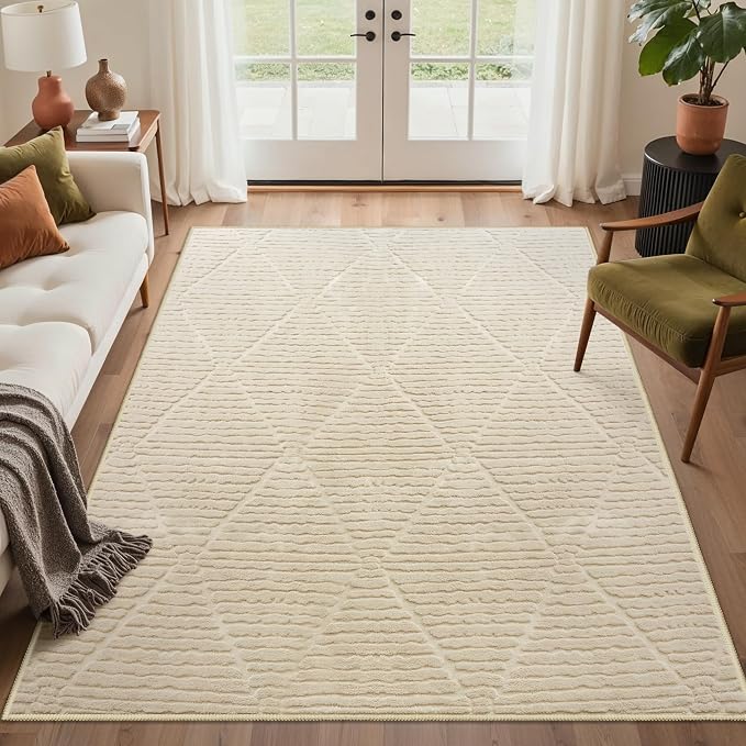 GENIMO Soft Washable Area Rugs 5x7, 3D Modern Diamond Design Rugs for Living Room, High-Low Pile Textured Non Slip Fuzzy Shag Carpet, Non-Shedding Stain Resistant Beige Carpet for Bedroom, Dining Room