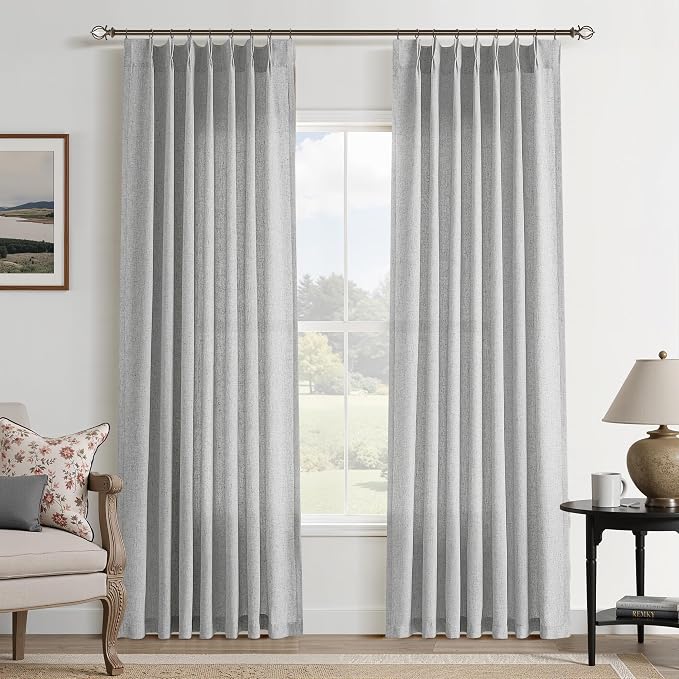 Aersas Light Grey Pinch Pleated Linen Curtains 84 Inch Length 2 Panels for Living Room Bedroom Semi Sheer Window Curtain Boho Neutral Back Tab Drape with Hooks 40x84