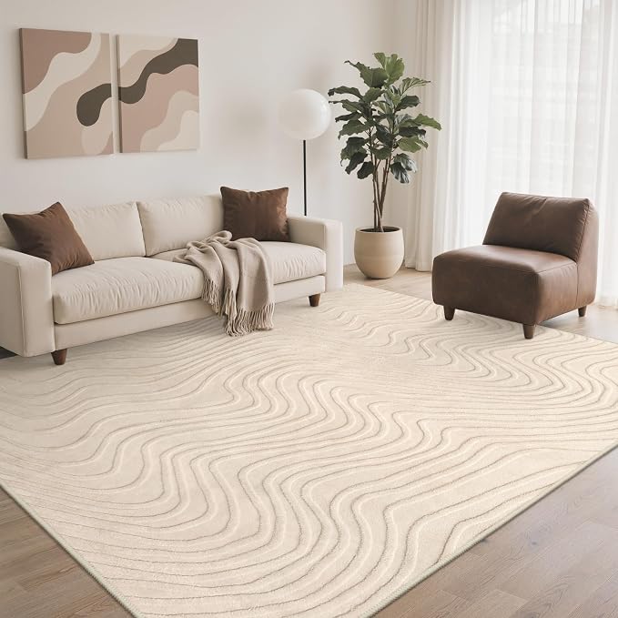 GENIMO Soft Washable Area Rugs 8x10, 3D Modern Wave Textured Rugs for Living Room, High-Low Pile Non Slip Fuzzy Carpet, Non-Shedding Stain Resistant Thin Beige Rugs for Bedroom, Dining Room, Nursery