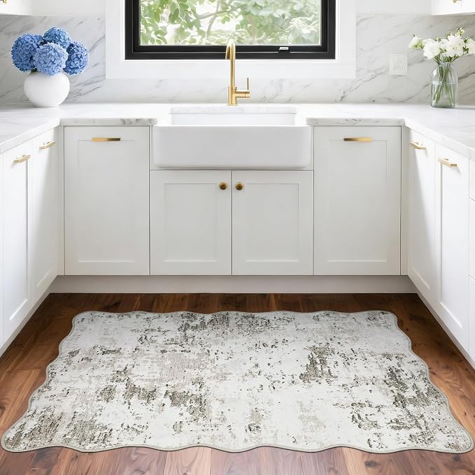 ROYHOME Modern Scalloped Abstract 2x3 Area Rug Non Slip Non Shedding Low Pile Stain Resistant Rug for Entryway Kitchen Bedroom,Taupe