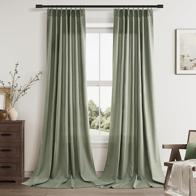 Aersas Extra Long Forest Green Pleated Linen Curtains 112 Inches Long Boho Curtain Light Filtering Semi Sheer Back Tab Pinch Pleat Curtain for Tall Ceiling Living Room 2 Panels Olive Moss Green