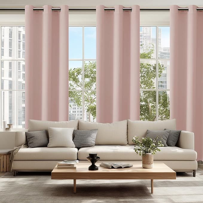 Hiasan Grommet Blackout Curtains for Bedroom, 42 x 84 Inches Long - Thermal Insulated Light Blocking Window Curtains for Living Room, 2 Drape Panels Sewn with Tiebacks, Blush