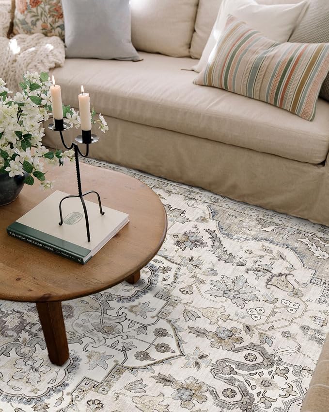 LUXRUG Washable Area Rug 8x10 - Large Cream Boho Rugs for Living Room Soft Vintage Bedroom Rug Ultra-Thin Farmhouse Oriental Distressed Carpet Non Slip Rug for Dining Room Guest Room Home Decor