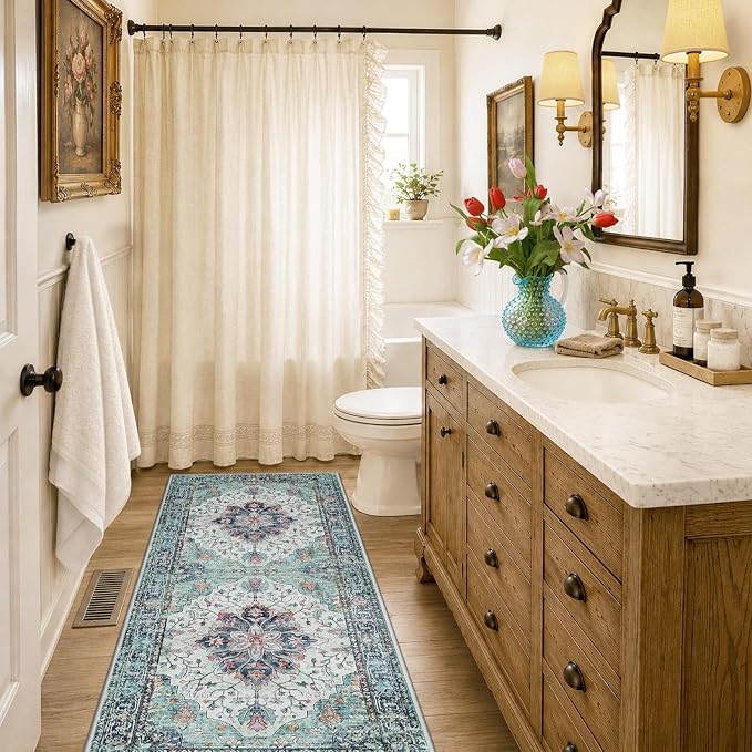 RELEANY Area Rugs Runner 2'x6' Washable Non-Slip, Floral Vintage Distress Medallion Carpet for Kitchen Hallway Bedroom Beside Laundry Room Bathroom, Green Navy Blue White Red Teal