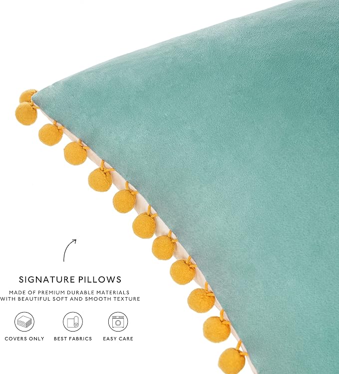 MONDAY MOOSE Decorative Throw Pillow Covers Cushion Cases, Set of 2 Soft Velvet Pom Poms Double-Sided Designs, Mix and Match for Home Decor, Pillow Inserts Not Included (16x16 inch, Orange/Teal)