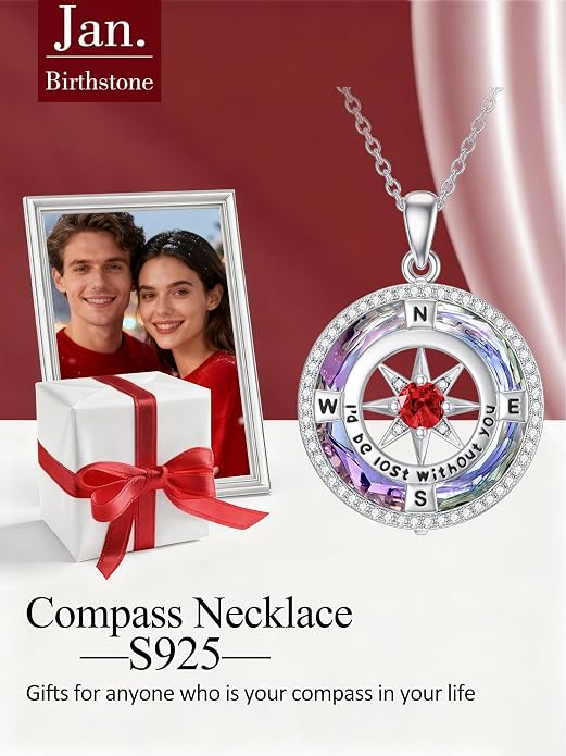 TOUPOP Necklace Gifts for Wife Compass Jewelry Women Anniversary Girlfriend Birthday Gift for Her Valentines I'd be Lost without You Sterling Silver Birthstone Necklaces