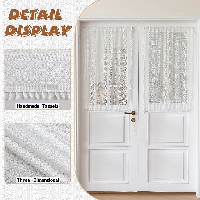 Sutuo Home White French Door Curtain for Patio & Sidelights, Ivory lace Door Curtains Bohemian Tassels Vintage Chic Semi Sheer Privacy Farmhouse Drapes for Entryway, Rod Pocket 2 Panels 25" W x 40" L