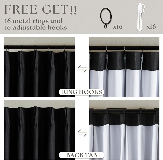 Black Pinch Pleated Black Out Linen 45 Inch Curtains with Liner 2 Panels | 100% Blackout, Memory Trained Pinch Pleat, Thermal Insulated, Noise Reduce, Short Curtains 2 Layers for Kitchen Small Window