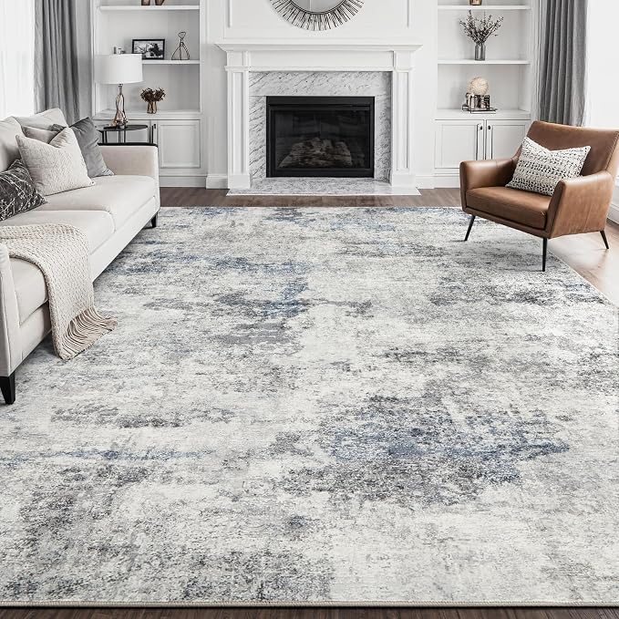 DMOYEST 8x10 Area Rug for Living Room, Washable & Non Slip Large Indoor Carpet, Kid & Pet Friendly Soft Thin Low Pile Abstract Rug for Bedroom and Office - Grey Blue