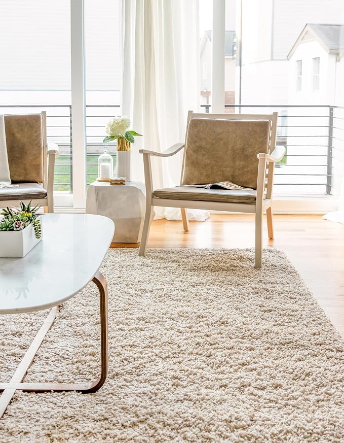 Unique Loom Solid Shag Collection Area Rug (6' 1" x 9' Rectangle, Taupe) | Modern solid area rug for living room, bedroom & dining room. Stain-resistant, easy-care, kid & pet friendly