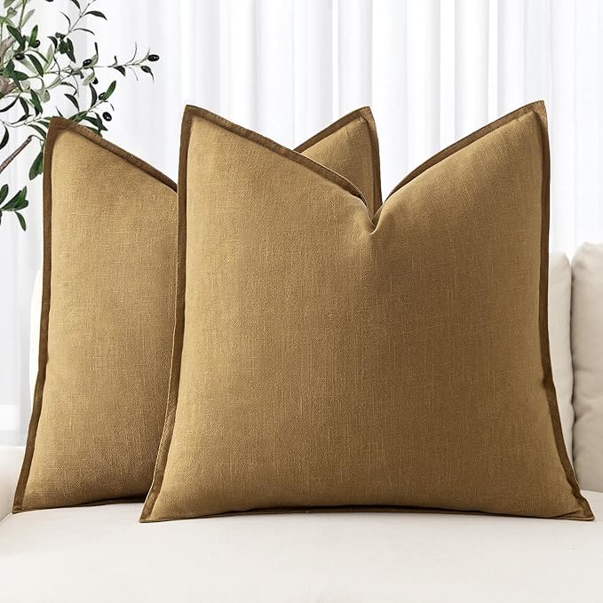 MIULEE Decorative Linen Euro Sham Pillow Covers 24x24 Mustard Yellow | Boho Farmhouse Neutral Couch Throw Pillows for Bed, Pack of 2 Accent Modern Pillowcases, Sofa Livingroom Home Decor