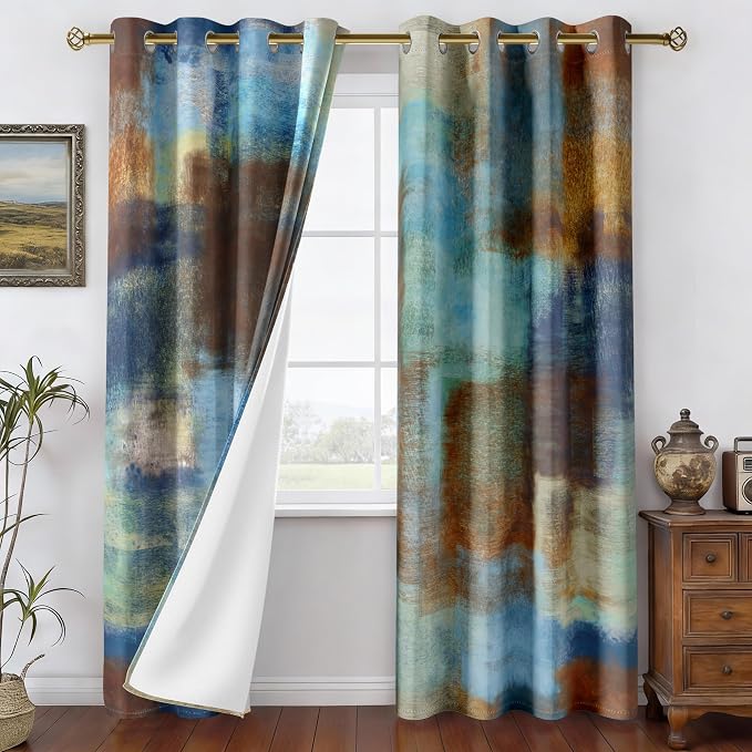 Asuexpect Abstract Curtains 2 Panels Abstract Rust Curtain Room Darkening Grommet Window Treatments Modern Decorative for Bedroom Living Room, 52x72 Inches, Blue Rust