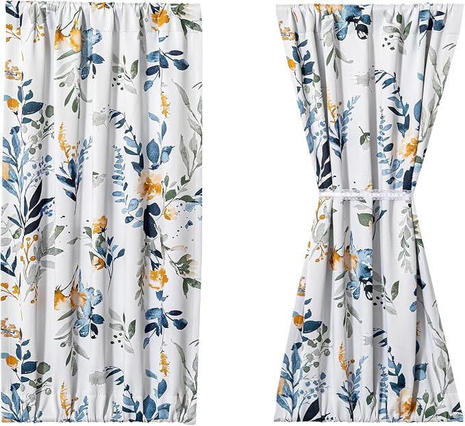 MYSKY HOME Floral French Door Curtains 40 inch Long Set of 2 - Blackout Privacy Sidelight Door Window Drapes with Rod Pocket, Yellow and Blue, 24" W Each Panel