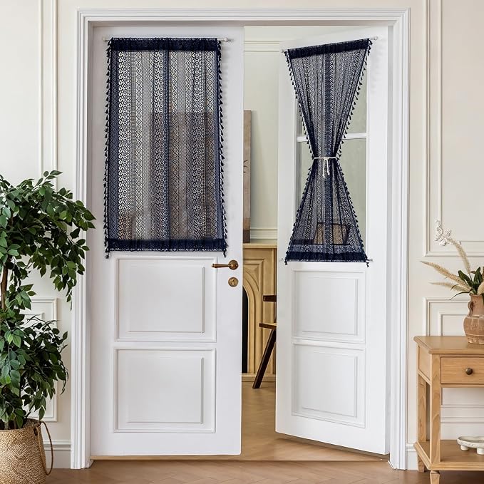 Sutuo Home French Door Curtains Set of 2 for Front Door & Drapery Glass, Boho French Country Style Tassels Vintage Chic Geometric Drapes for Sidelights Patio Decor, Rod Pocket 25" W x 40" L Navy Blue
