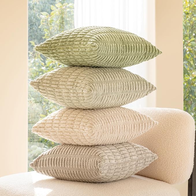 Softalker Throw Pillow Covers 16x16 Inch, Set of 4, Corduroy Soft Striped Farmhouse Boho Pillow Cover, Modern Decorative Cushion Pillow Case for Couch Sofa Bedroom Living Room, Green/Grey