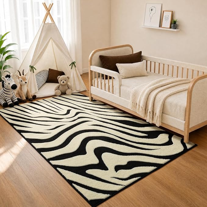 YIHOUSE Zebra Entryway Rugs 3×5: Modern Washable Non-Slip Small Area Rug | Black and Cream White Stripe, Textured High Low Pile, Fluffy Soft, Floor Carpet for Bedroom, Nursery, Living Room, Kids Room