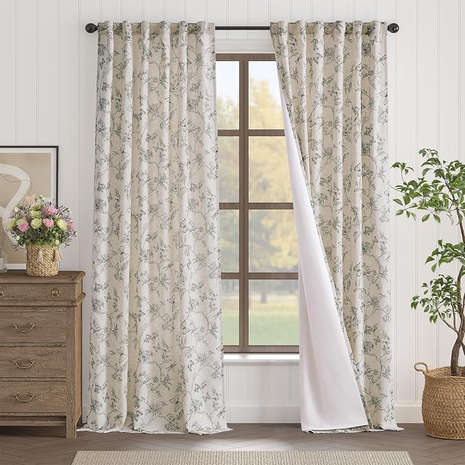 Lazzzy Charlotte Farmhouse Lined Linen Gray Floral Curtains 96 Inch Length Back Tab Drapes for Living Room Bedroom Light Filtering Country Vintage Rod Pocket, 2 Panels, Grey on Beige