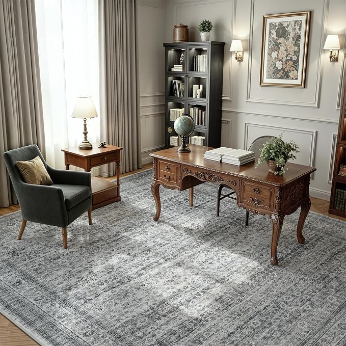 5x7 Washable Area Rugs for Living Room Bedroom, Boho Non-Slip Rug | Vintage Distressed Retro; Low Pile; Stain Resistant; Neutral Soft Carpet for Dining Room, Nursery, Home Office; Foggy Grey