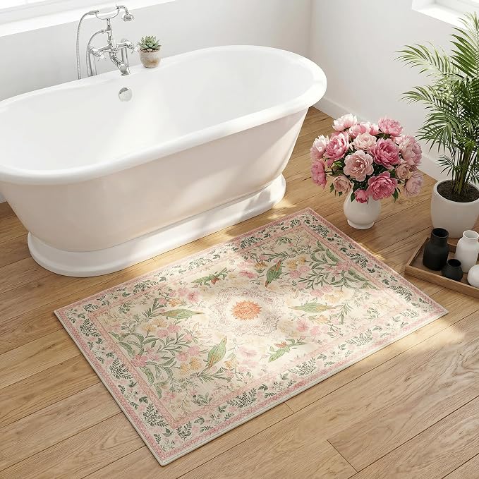 2'x3' Boho Small Area Rug, Washable Non-Slip Silicone Backing Door Mat, 0.26" Low Pile Faux Wool Foldable Rug for Entryway Bathroom Kitchen Indoor Decor, Garden Pink