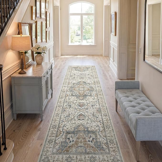 3x10 Non Slip Hallway Runner Rug - Washable Vintage Distressed Kitchen Carpet, Ultra-Thin Soft Low Pile Entryway Mat with Rubber Backing for Bedroom Living Room (Beige/Blue)