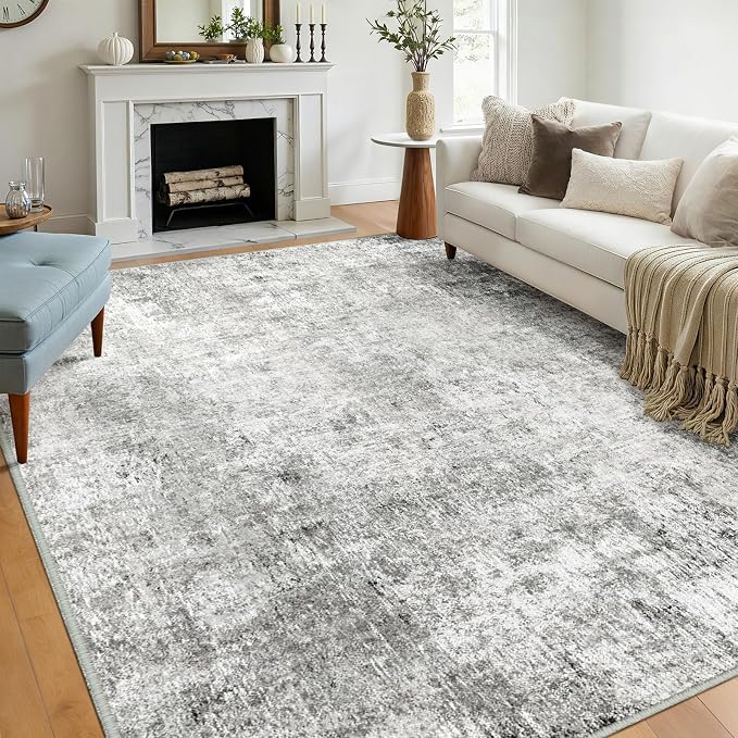 RELEANY Washable Area Rugs 8'x10' Non-Slip Modern Abstract Soft for Living Room Entryway Bedroom Kitchen, Print Pattern, Gray White Grey