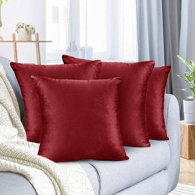 Nestl Throw Pillow Covers, Cozy Velvet Decorative Outdoor Pillow Covers 16 x 16 Inches, Soft Solid Cushion Covers for Sofa, Bed and Car, Set of 4 - Cherry Red