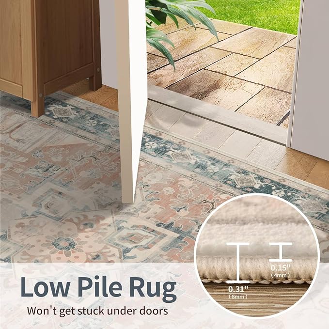 Rugxara 4X6 Rug,Washable Area Rugs for Living Room, Orange Boho Rug,Neutral Vintage for Bedroom, Dining Room, Kids Room, Farmhouse, Low Pile Non Slip Carpet for High Traffic Areas, Coral(Orange&Blue)