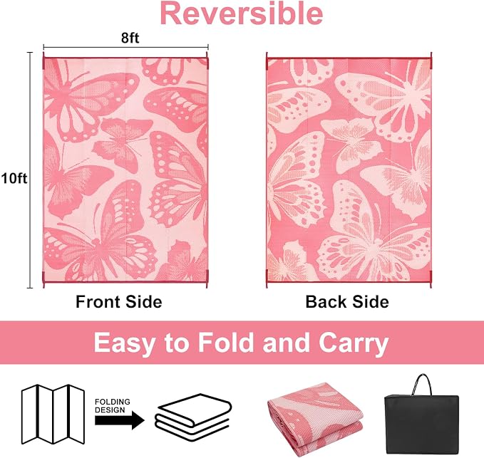Anidaroel Pink Camping Rug for Outside RV, 8'x10' Waterproof Outdoor Rug for Patio Clearance, Reversible Plastic Straw Outside Rug, Outdoor Camping Mat for Deck, Camper, Backyard, Picnic(Pink,8‘X10')