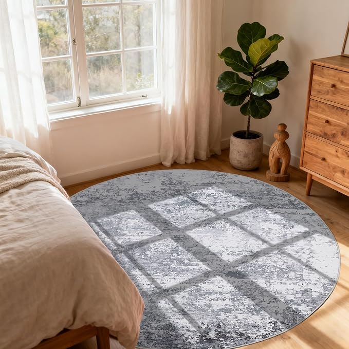 ROYHOME Modern Abstract 4x4 Round Area Rug Non Slip Non Shedding Rug Low Pile Stain Resistant for Bedroom Living Room Office Dining Room,Light Grey