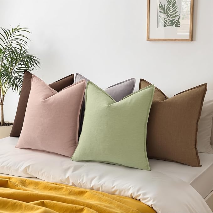 decorUhome Fall Sage Green Linen Throw Pillow Covers 18x18 Set of 2 | Decorative Soft Cozy Modern Farmhouse Boho Accent Pillow Cases with Flange Edges for Couch Bed Sofa Living Room Home Decor