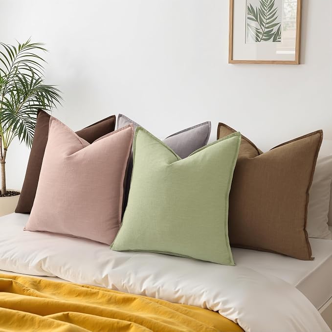 decorUhome Fall Brown Linen Throw Pillow Covers 26x26 Set of 2 | Decorative Soft Cozy Modern Farmhouse Boho Accent Pillow Cases with Flange Edges for Couch Bed Sofa Living Room Home Decor