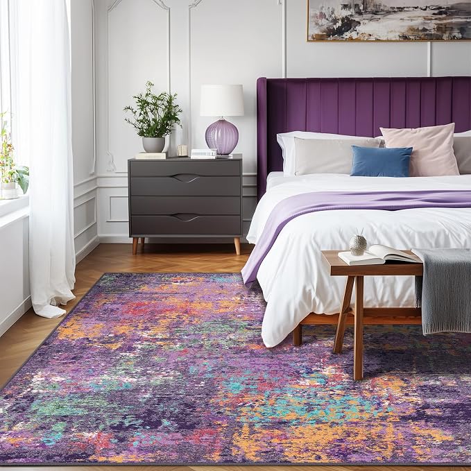 RELEANY Washable Area Rugs 9'x12' Non-Slip Modern Abstract Soft for Living Room Entryway Bedroom Kitchen, Print Pattern, Purple Orange Blue Green Rust Red Colorful