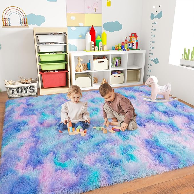 Dssimo Cute Furry Purple Rainbow Rugs for Bedroom Girls Room Decor | Upgrade Non-Slip 5x7 Area Rugs for Kid Room, Playroom Nursery Dorm Home Decor, Plush Mermaid Kawaii Rug Fluffy Carpet